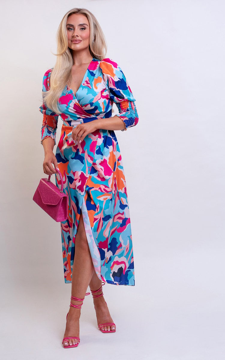 Wrap Front Printed Midi Dress