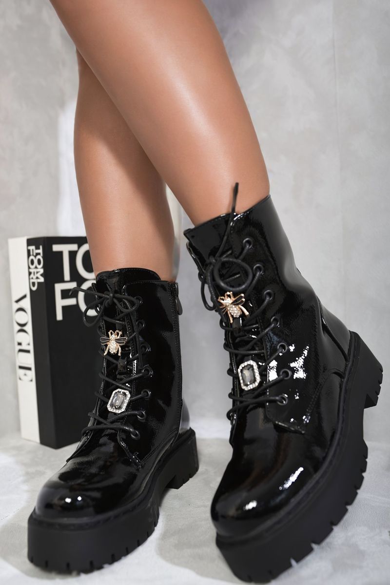 Zip Lace Up Chunky Biker Boots with Decor Details