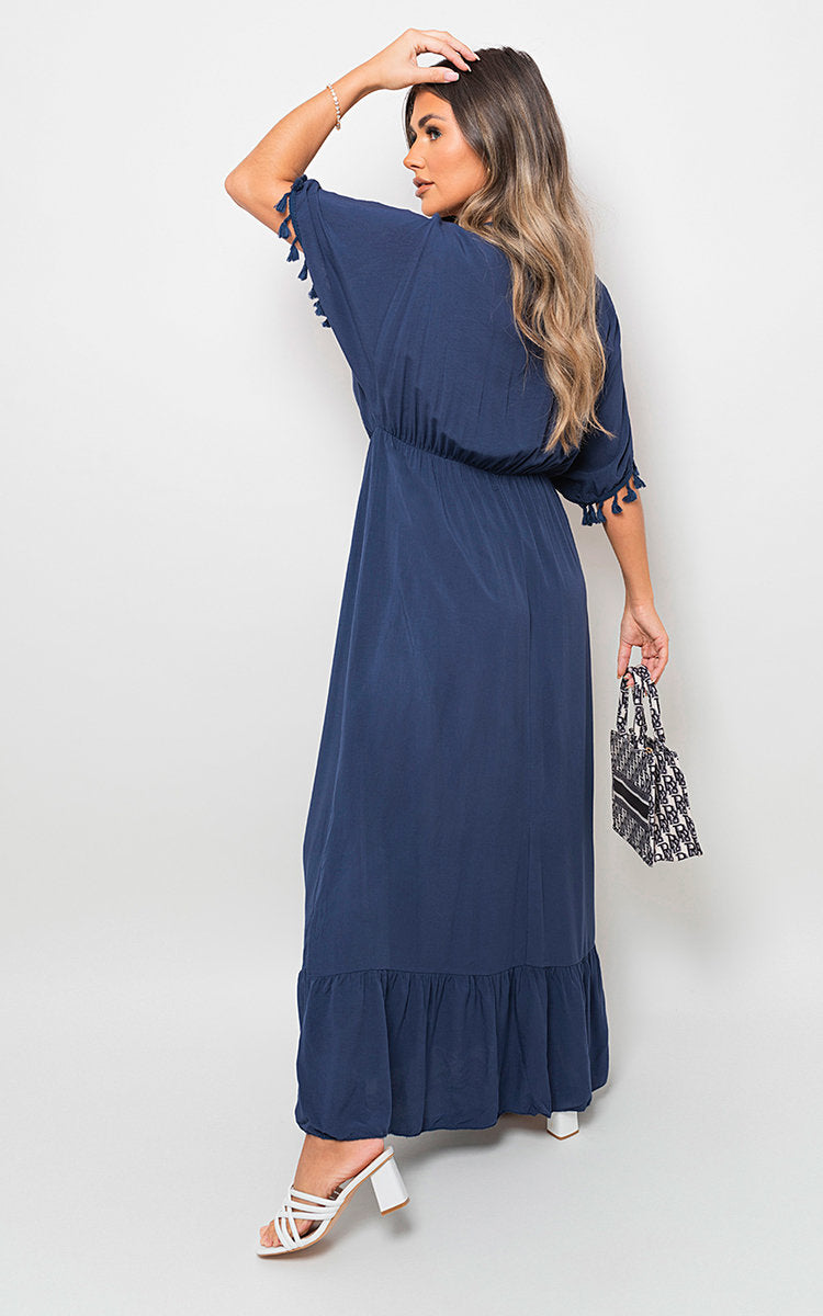 V-Neck Rope Tassel Detail Maxi Dress