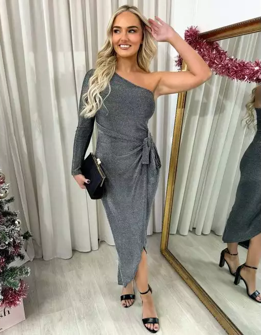 One Shoulder Wrap Front Glitter Midi Dress