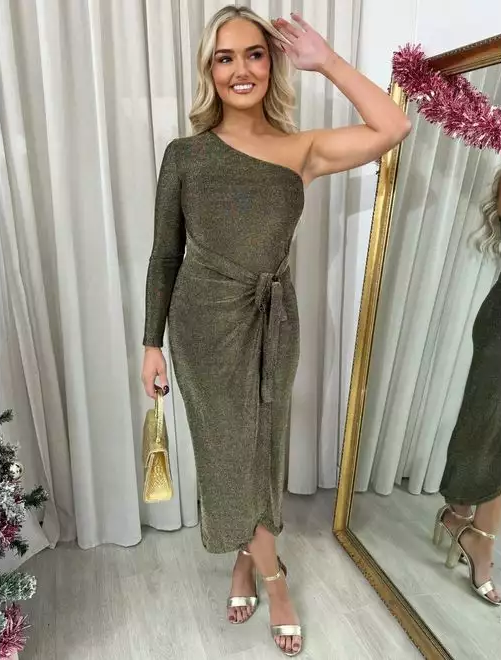 One Shoulder Wrap Front Glitter Midi Dress