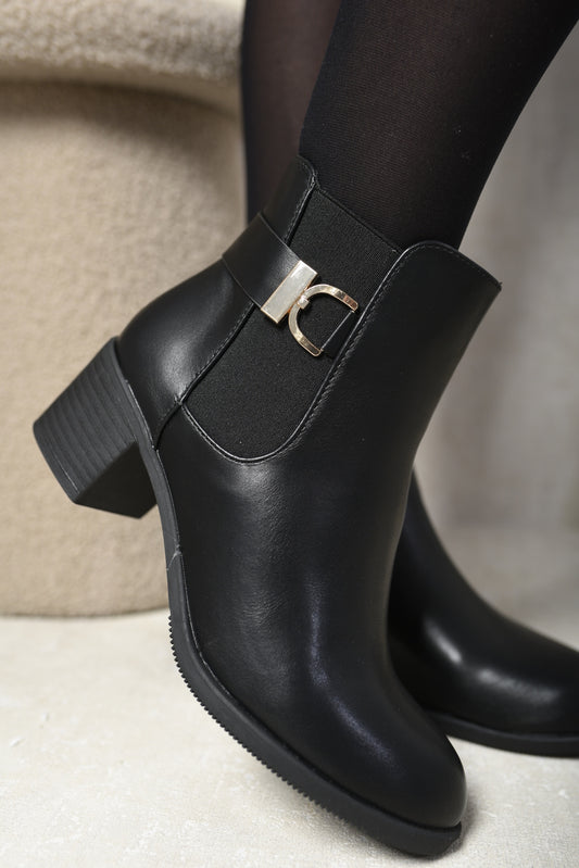 Low Mid Block Heel Buckle Smart Chelsea Ankle Boots