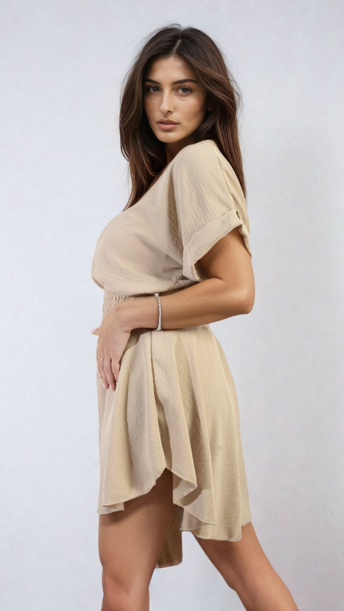 Roll Sleeve Top and Elastic Shirred Waistband and Shorts Co-ord Set