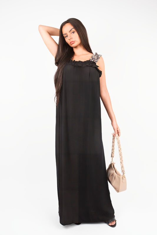 “Black leopard strap sleeveless maxi dress with ruffle detail, front view”