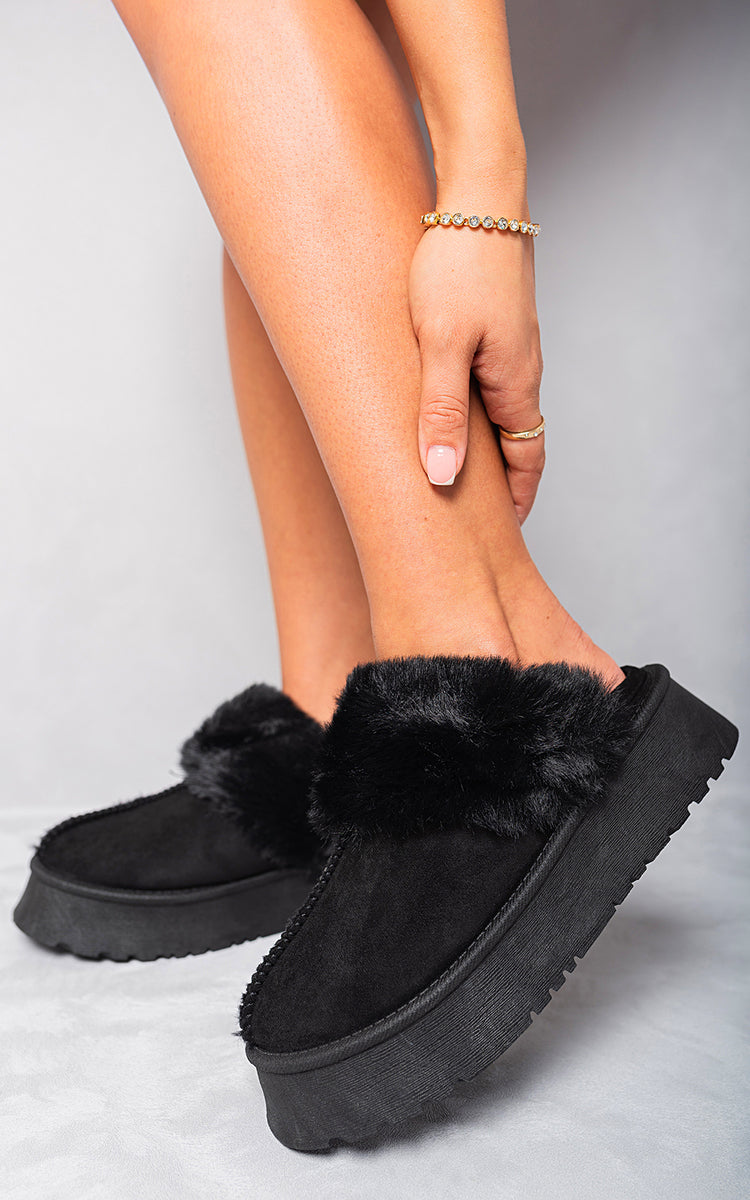 Faux Fur Trim Whisp Chunky Platform Slippers