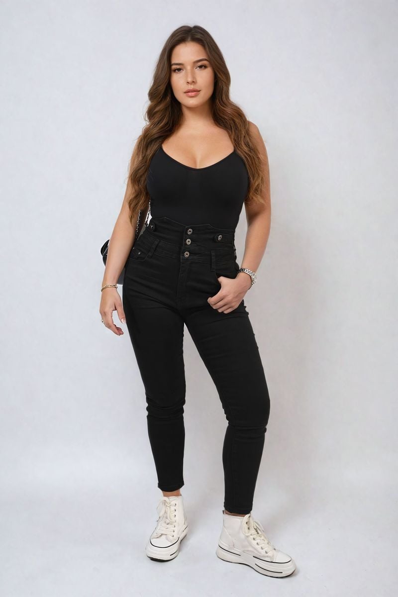 High Waist Button Skinny Jeans