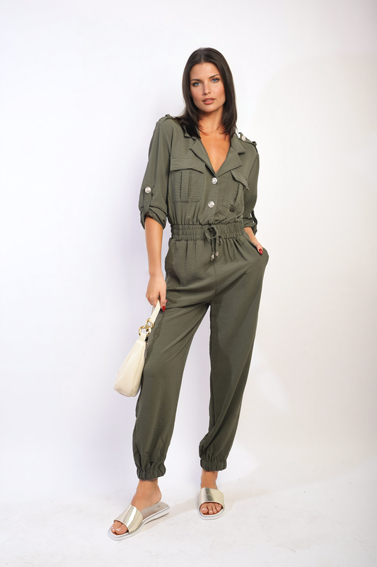 Collar Button-Front Jogger Drawstring Jumpsuit
