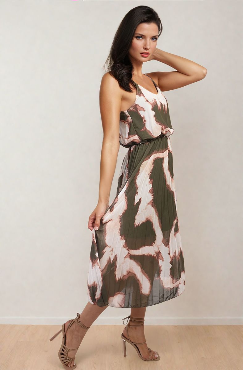 Printed Strappy Pleated Midi Dress