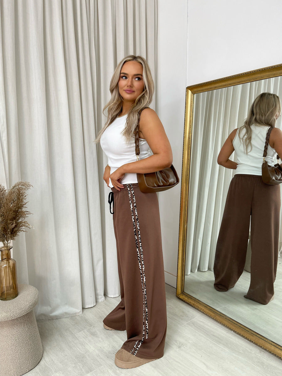 Wide Leg Lounge Trousers with Leopard Trim