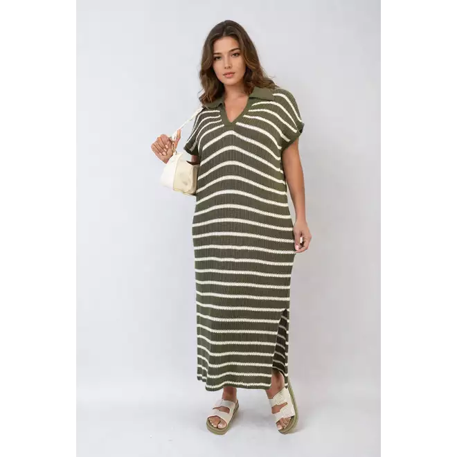 Stripe Knitted V Neck Midi Dress