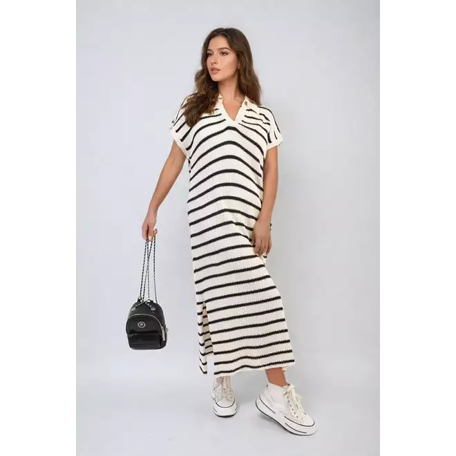 Stripe Knitted V Neck Midi Dress