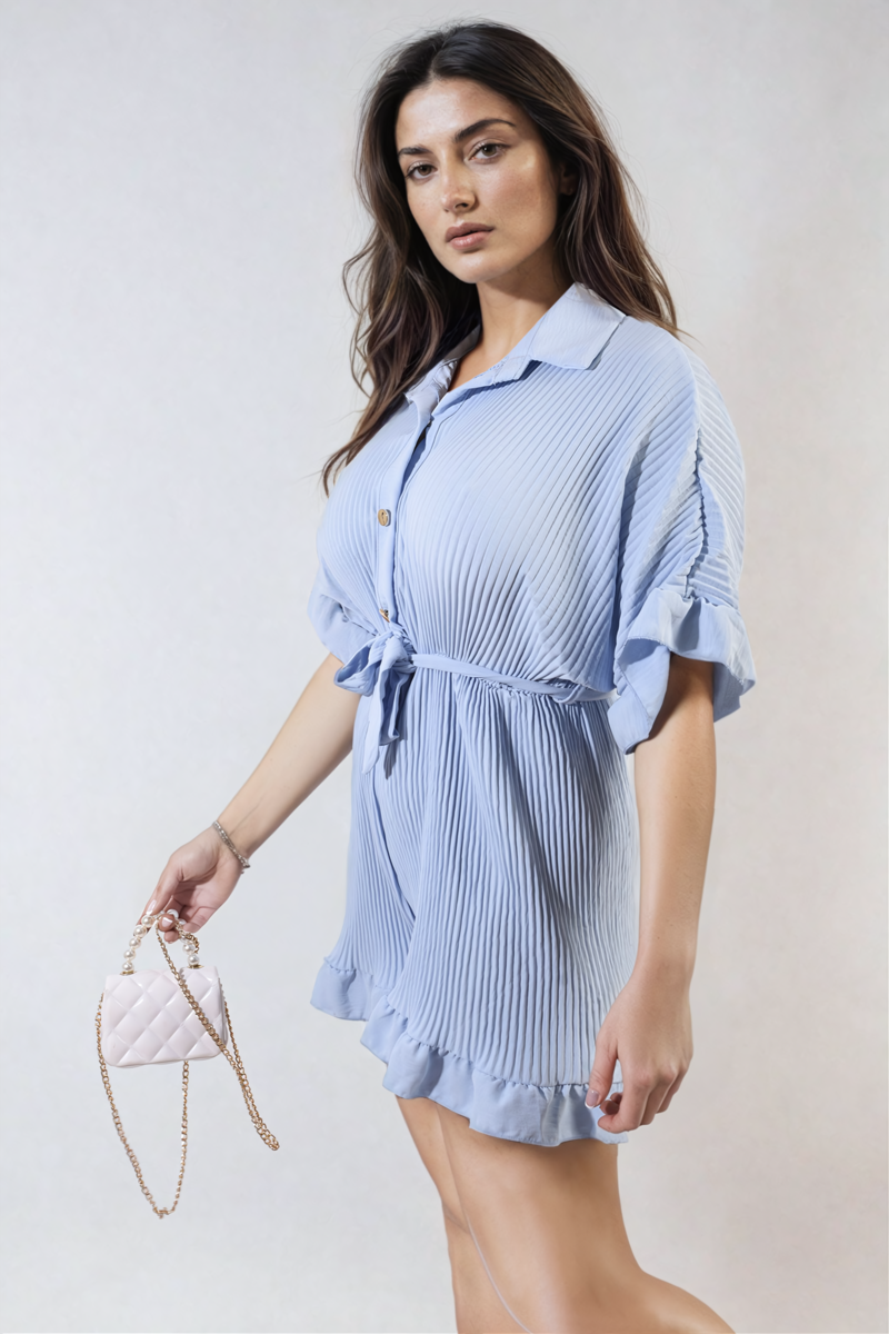 Pleated Frill Ruffle Tie Waist Playsuit