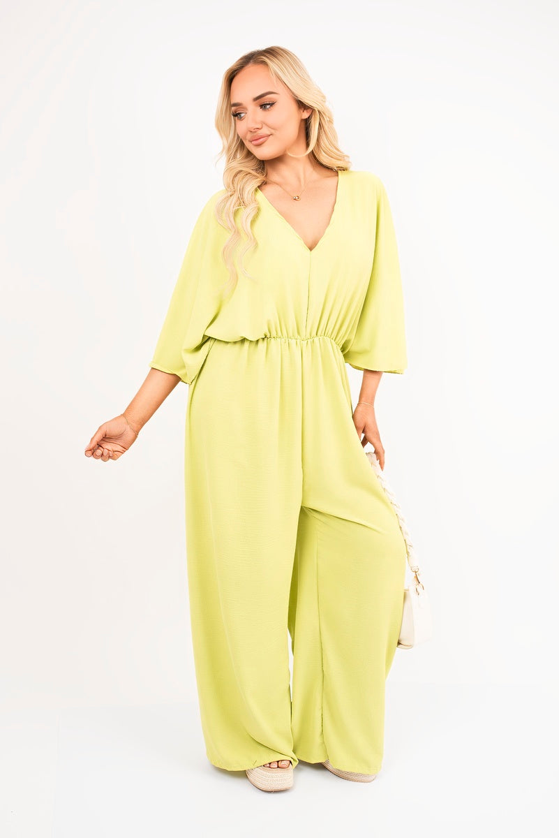 Avocado: “Wide leg V-neck jumpsuit in avocado with back tie detail, front view”