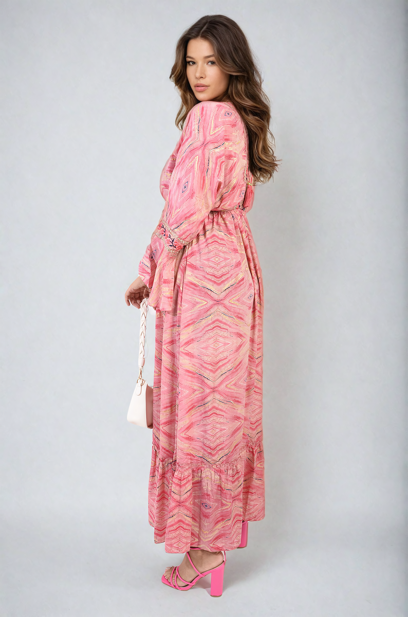 Printed Long V-Neck Ruffled Hem Maxi Dress with Front Tassel Detail