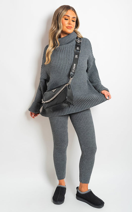 Chunky Knitted High Roll Neck Top Bottom Co-ord Set