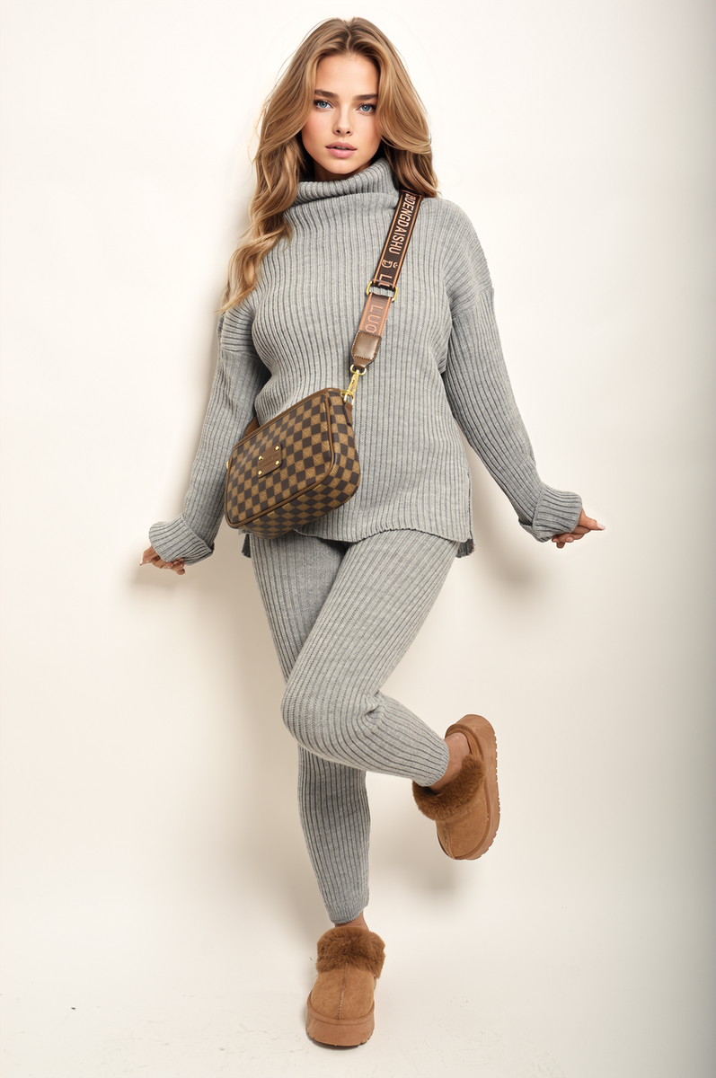 Chunky Knitted High Roll Neck Top Bottom Co-ord Set