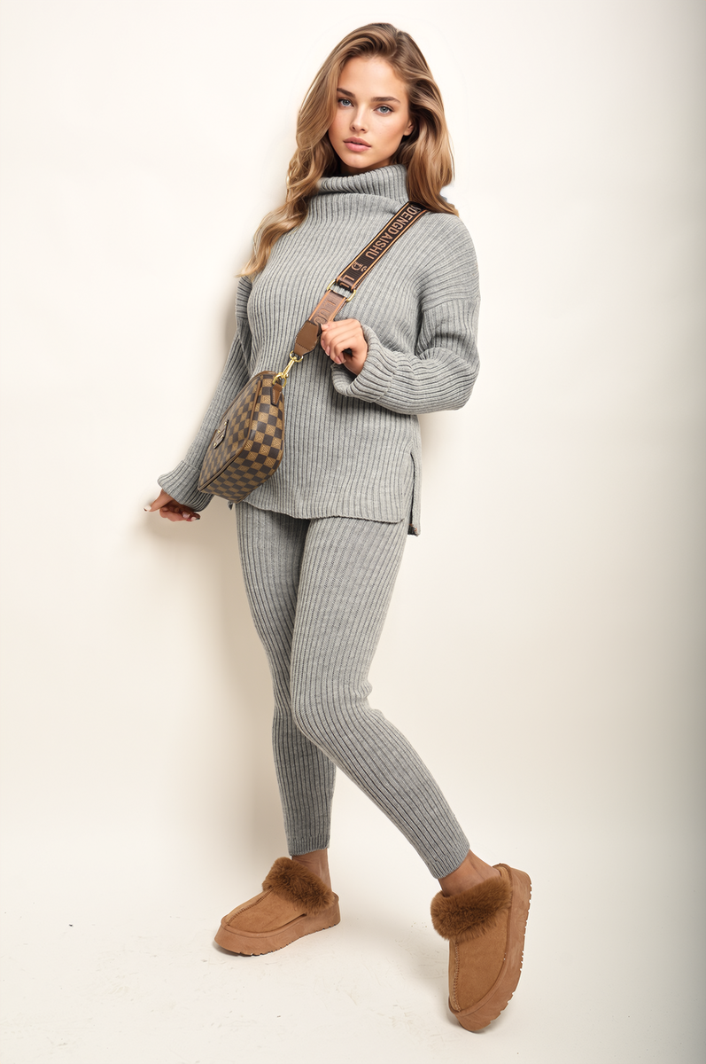 Chunky Knitted High Roll Neck Top Bottom Co-ord Set