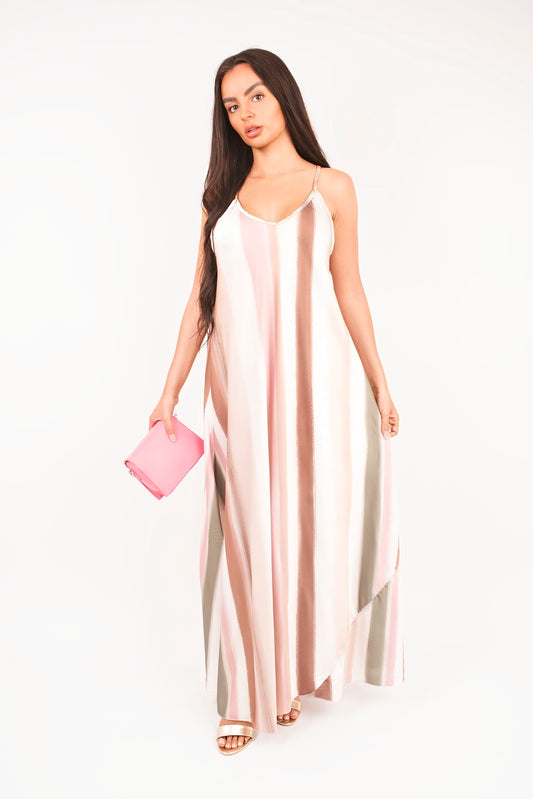 “Pink strappy printed maxi dress with vertical stripes, front view”