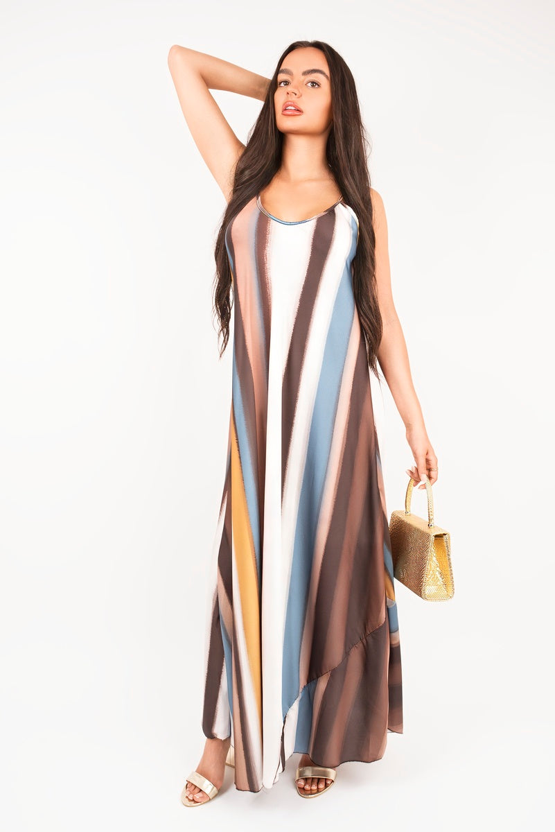 “Brown strappy printed maxi dress with vertical stripes, detailed view”