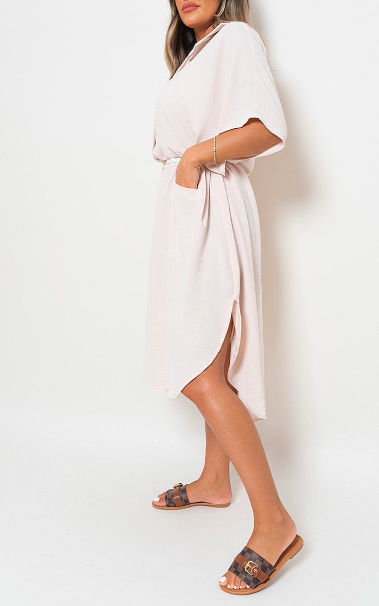 Button Down Collared Midi Dress with Front Pockets