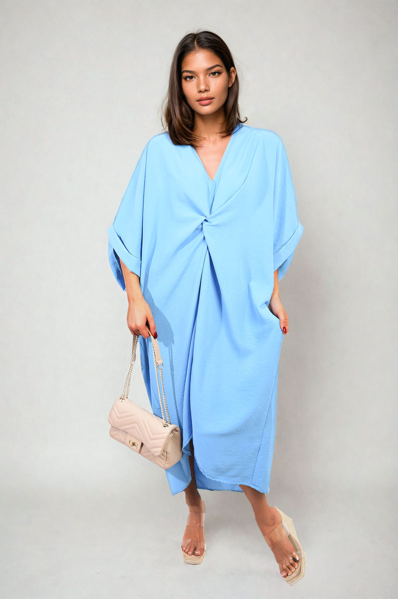 Twist Front Plunge Neckline Relaxed Fit Midi Dress