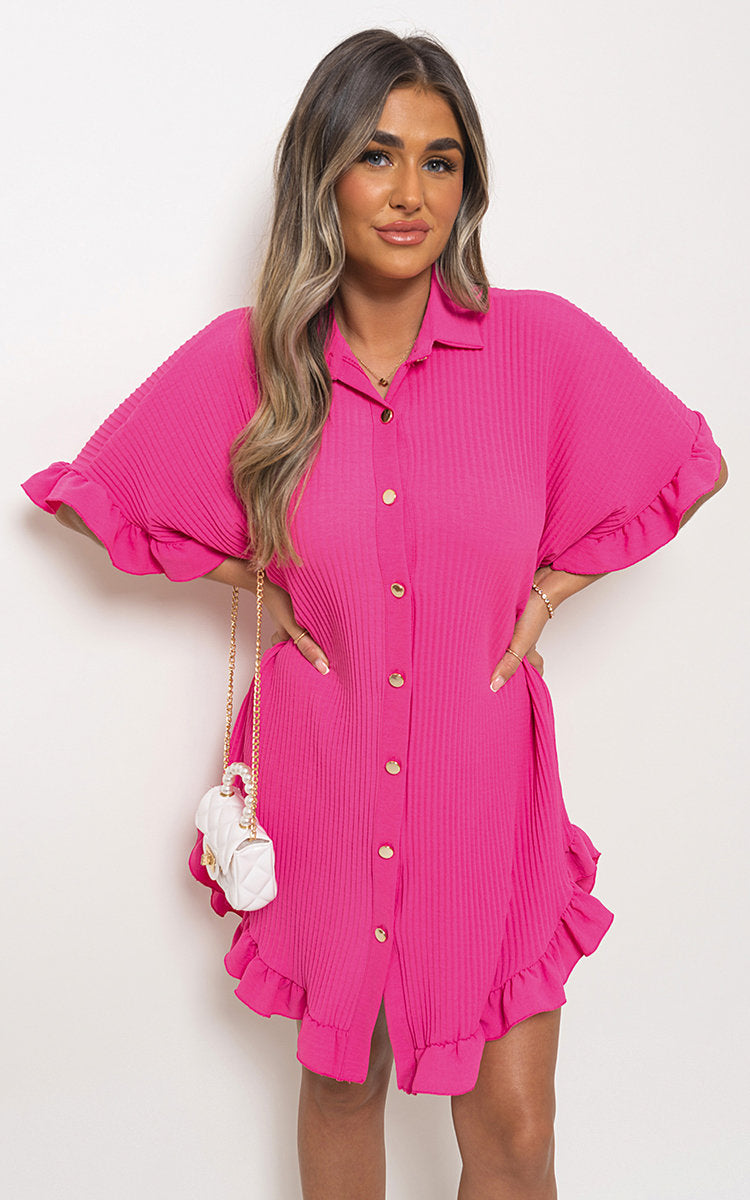 Button Down Oversized Ruffle Short Sleeve Mini Dress