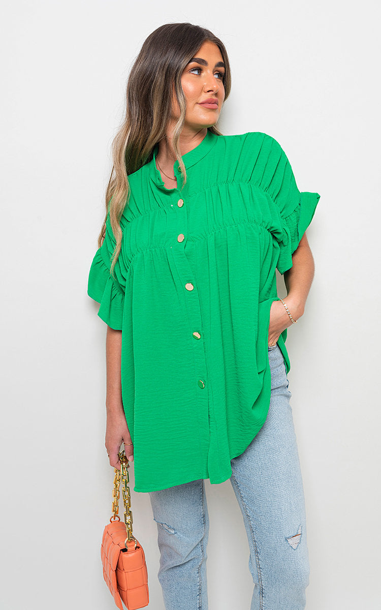 Button Down Pleated Frill Tops