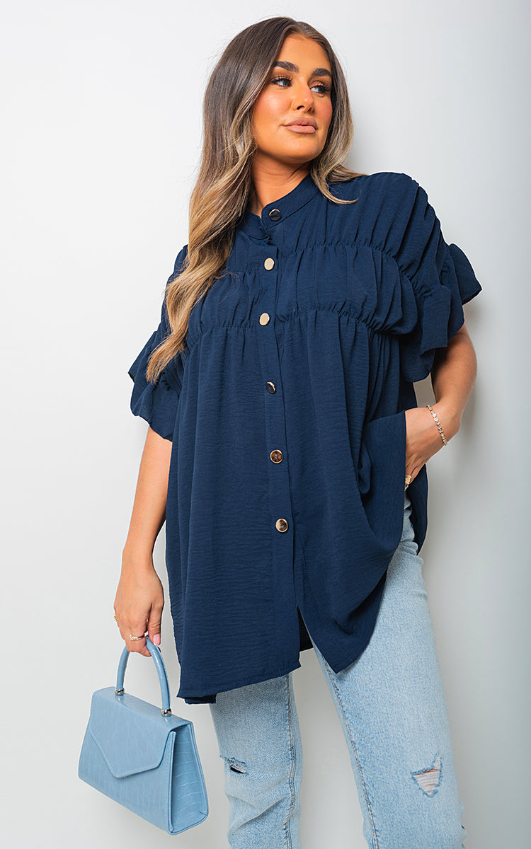 Button Down Pleated Frill Tops