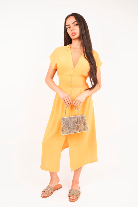 “Orange button down cap sleeve midi dress Reeva, front view”