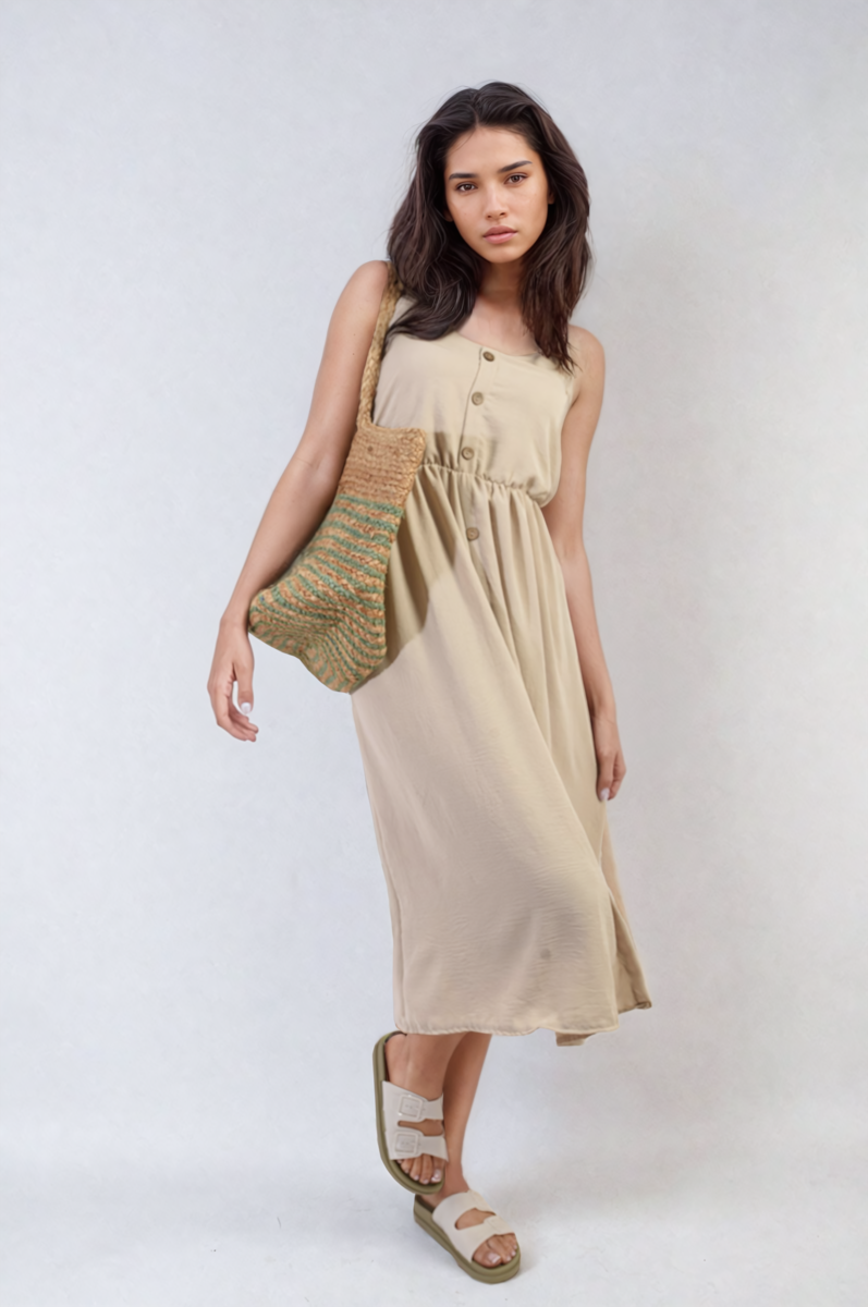 Button Front Strappy Midi Dress