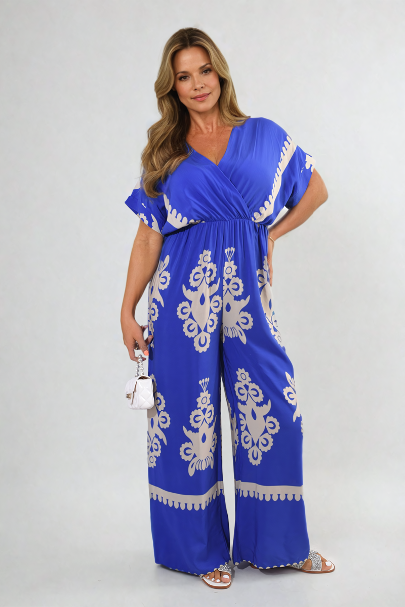 Printed Cross Front Wide Leg Jumpsuit