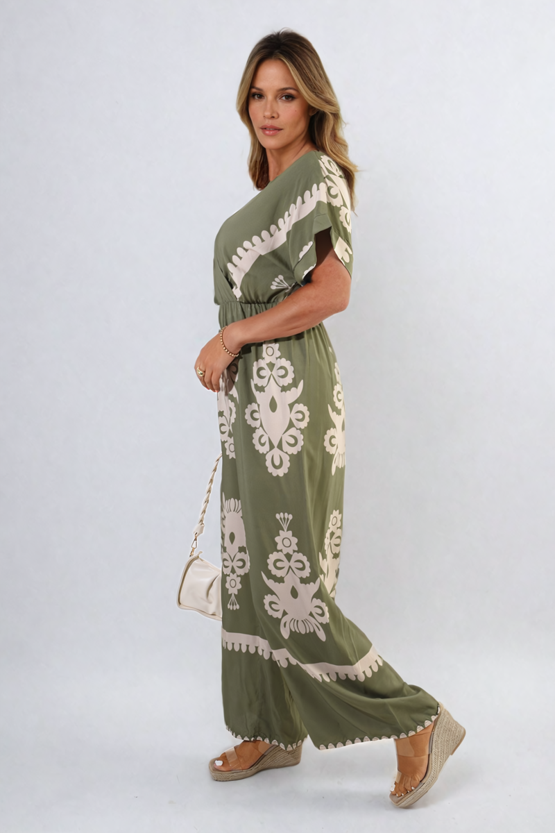 Printed Cross Front Wide Leg Jumpsuit