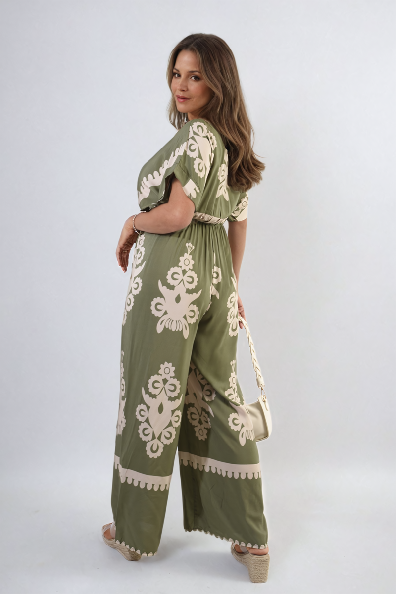 Printed Cross Front Wide Leg Jumpsuit