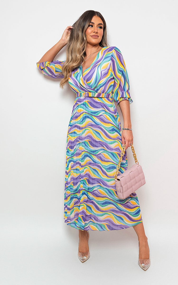 Long Sleeve Printed Maxi Dress with Belt Detail