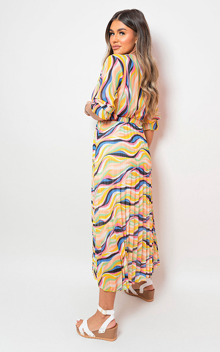 Long Sleeve Printed Maxi Dress with Belt Detail