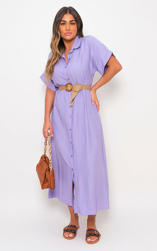 Button Down Collared Short Sleeve Midi Dress with Belt
