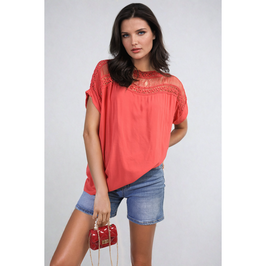 Lace Insert Round Neck Hollow Top