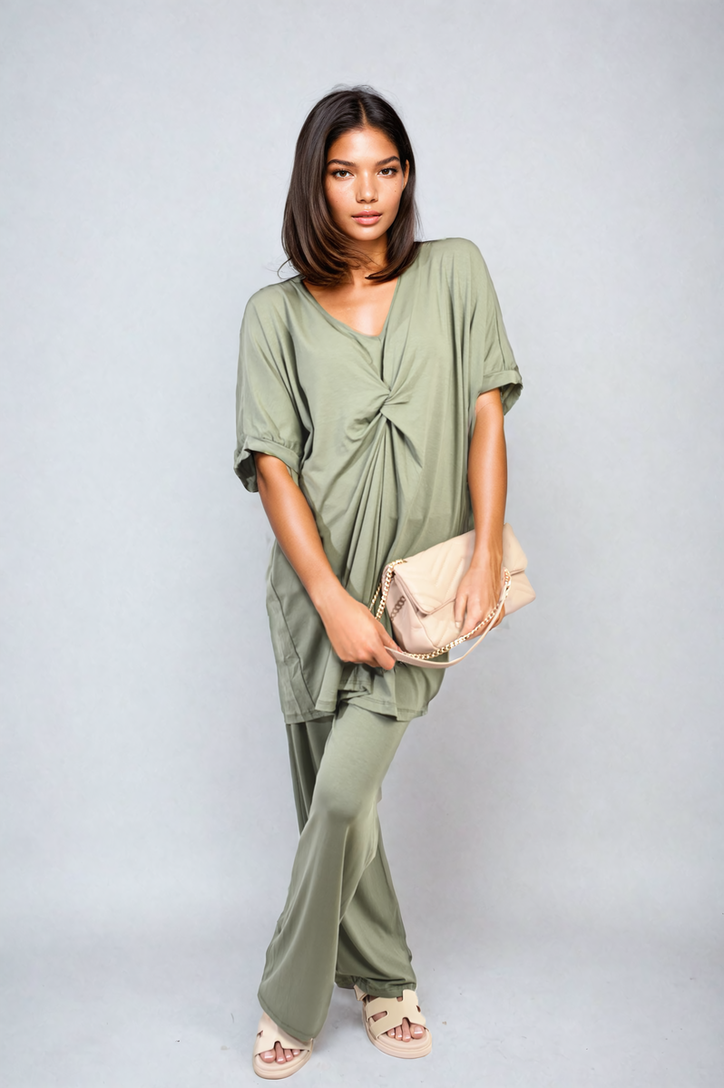 Twist Front Plunge Neckline Top and Trouser Co-ord Set