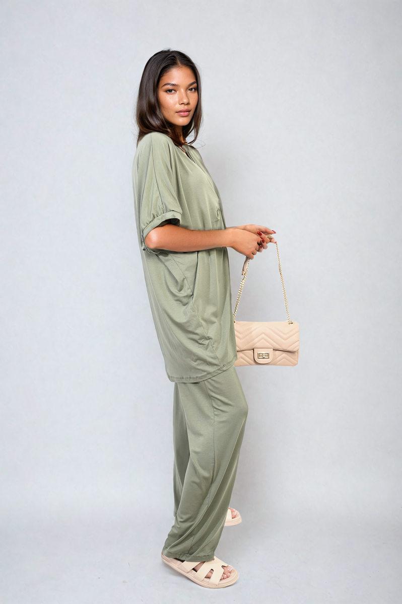 Twist Front Plunge Neckline Top and Trouser Co-ord Set