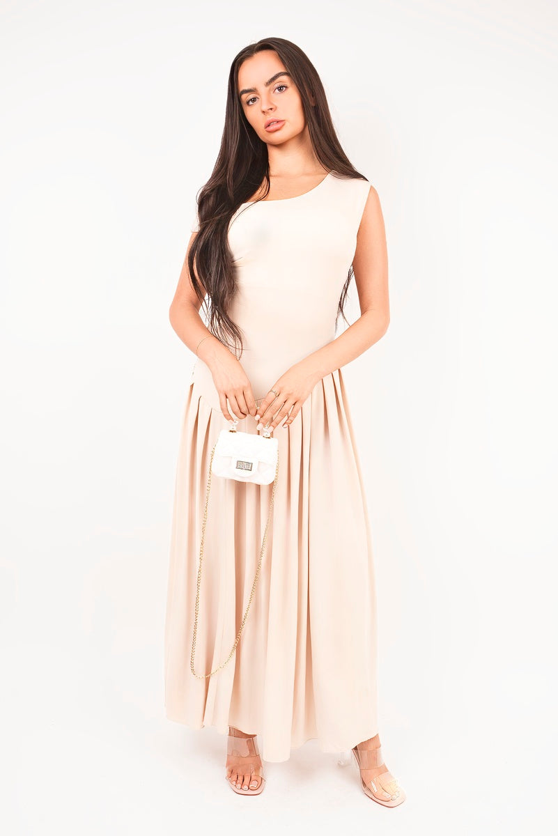 “Beige short sleeve pleated maxi dress, front view”