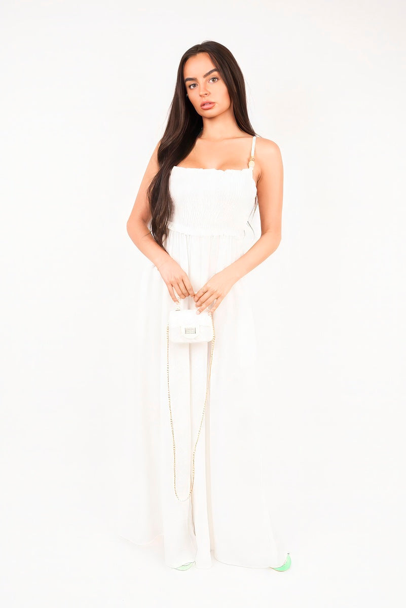 “White shirred bandeau wide leg jumpsuit, detailed view”