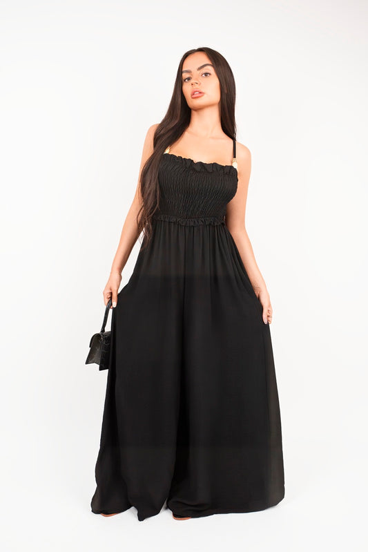 “Black shirred bandeau wide leg jumpsuit, front view”