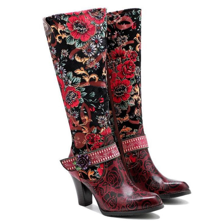 Handmade Leather Boots With Florals & Flower Buckle