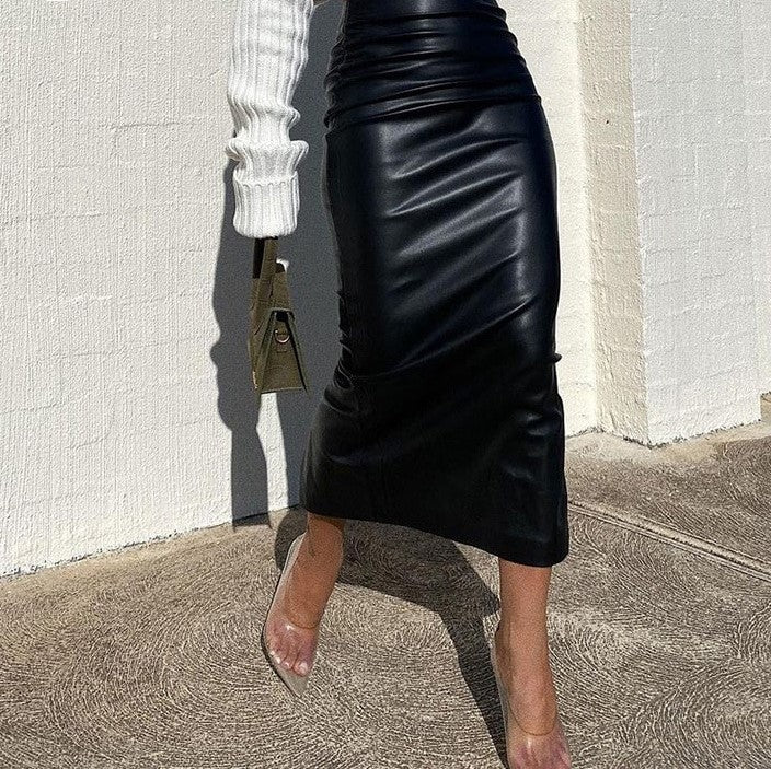 Elegant Ruched PU Midi Skirt