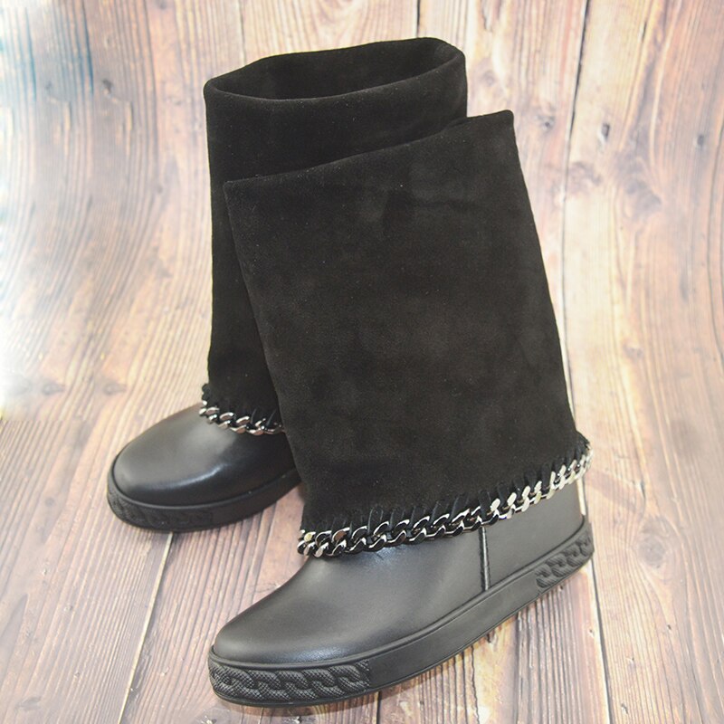 Genuine Leather Folded Boots With Chain