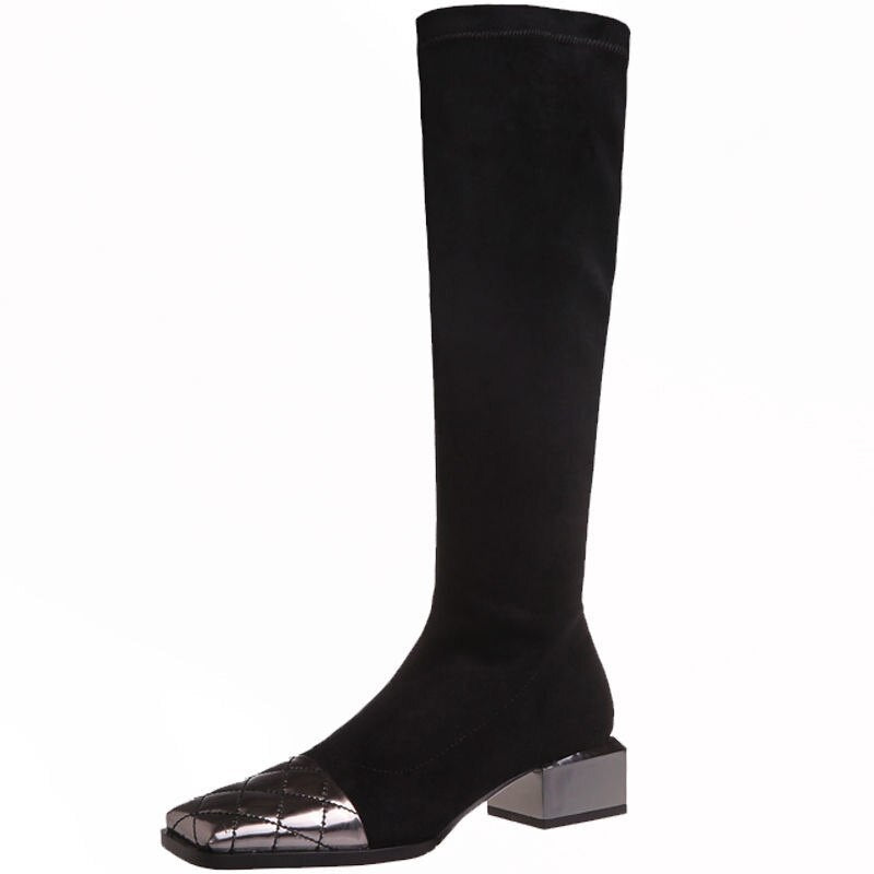 Stretch Knee-High Boots With Stitched Quilted Toe