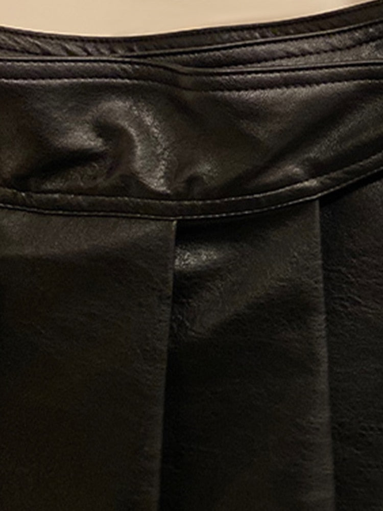 Long Soft PU Leather Pleated Skirt