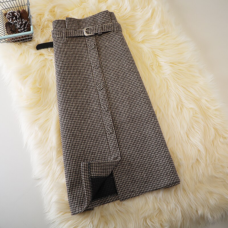 Button Front Houndstooth Midi Skirt With Belt & Buckle