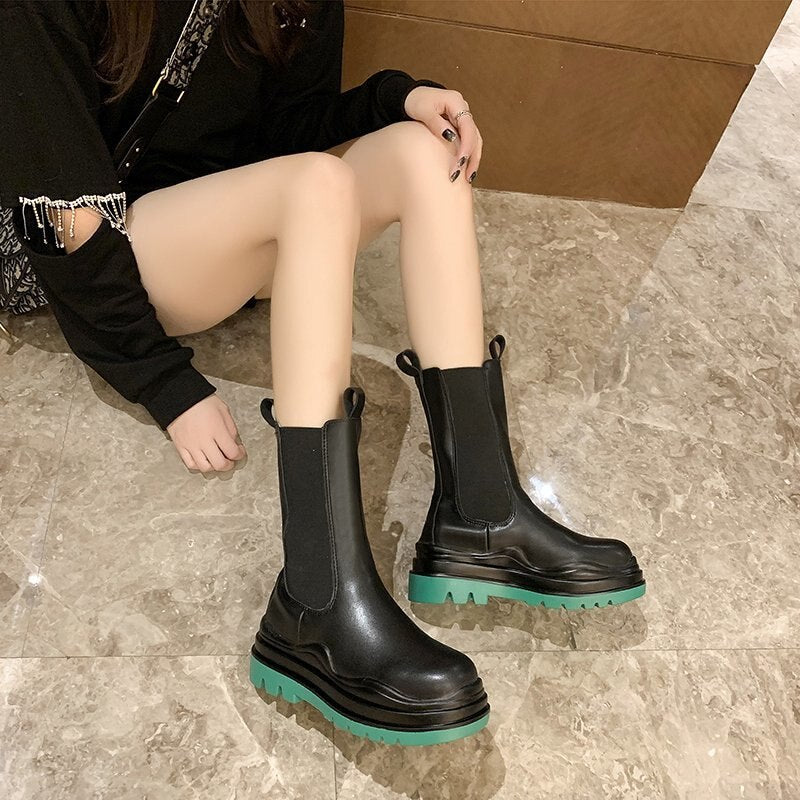 Chunky Black Boots With Green Sole