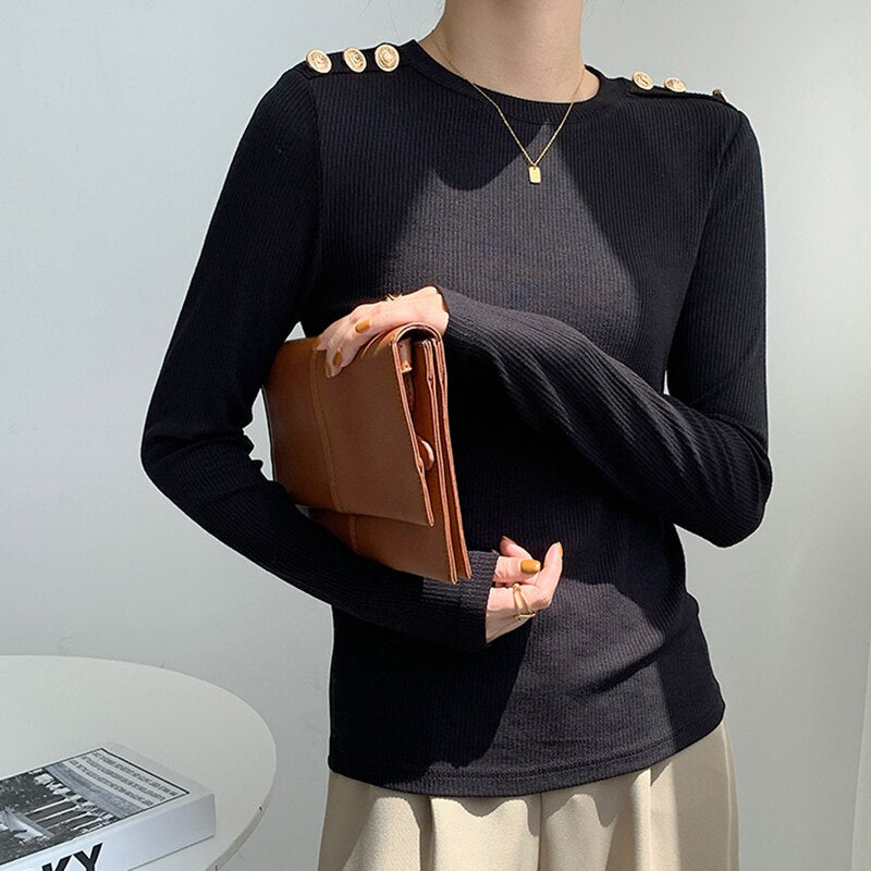 Long-Sleeve Top With Gold Shoulder Buttons